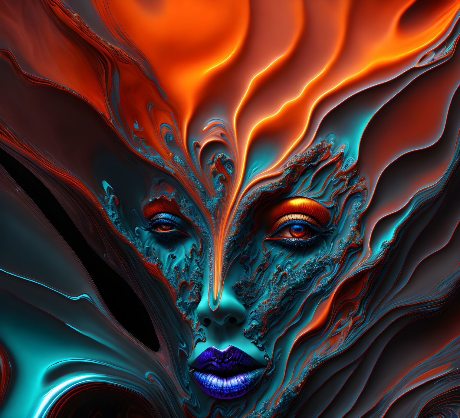 Vibrant abstract image of faces in orange, blue, and black hues