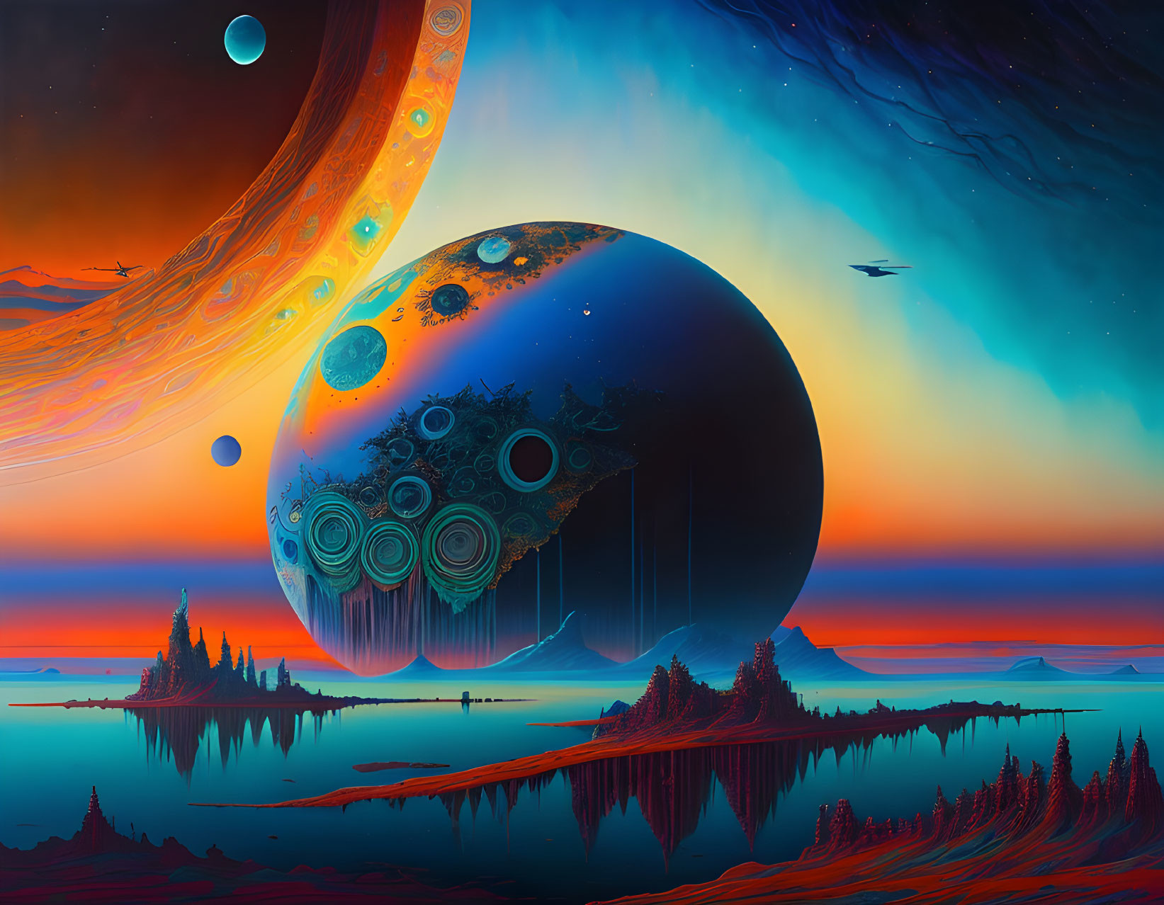 Colorful sci-fi landscape with planet, gears, celestial bodies, birds, and red terrain