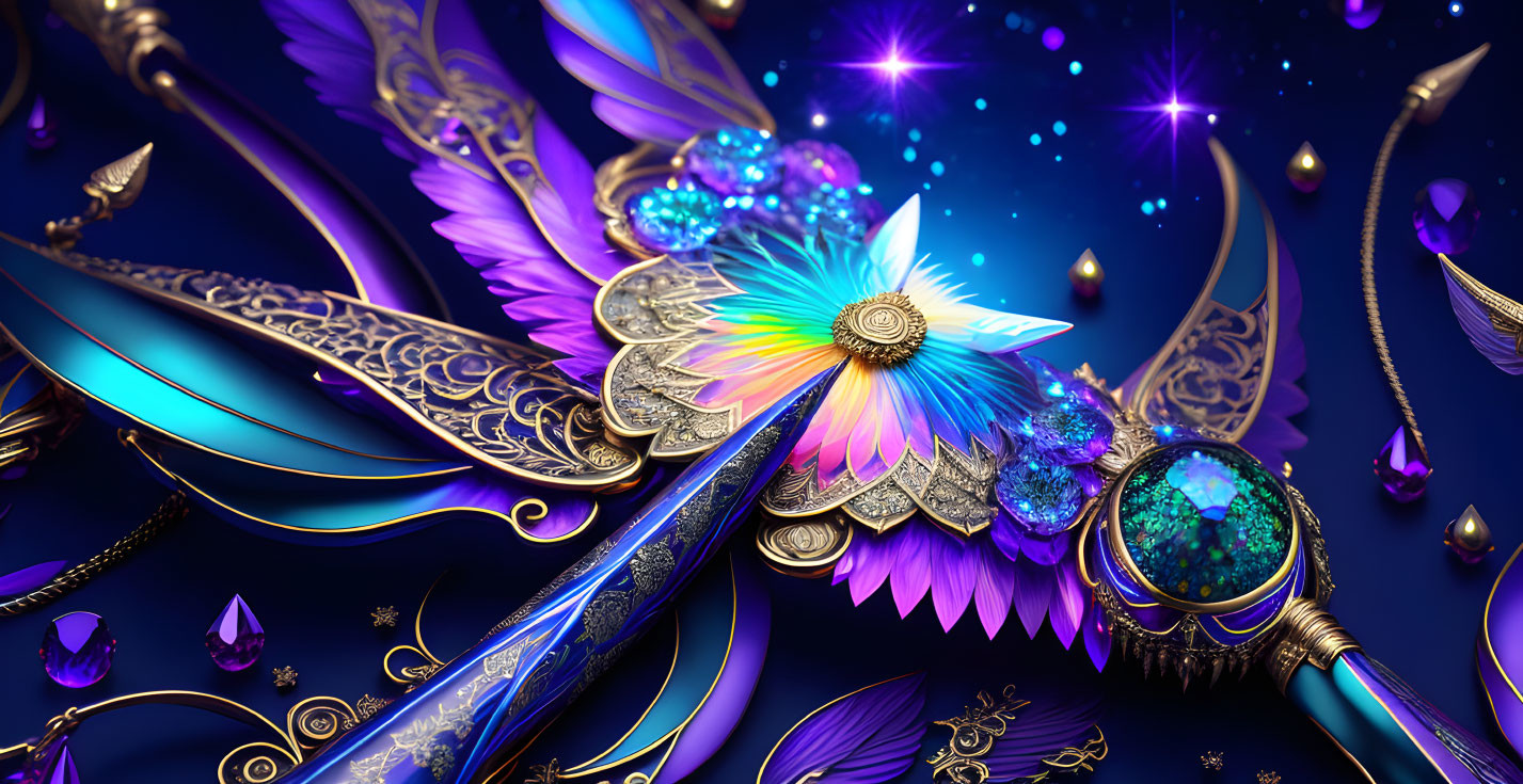 Ornate golden filigree, peacock feather, gemstones on deep blue background