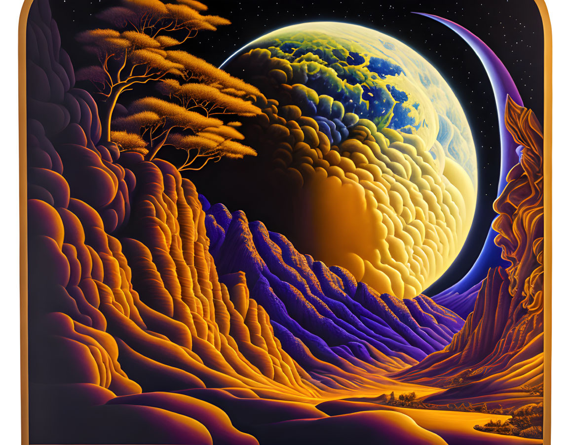 Surreal landscape with purple mountains, golden clouds, and Earth in starry sky