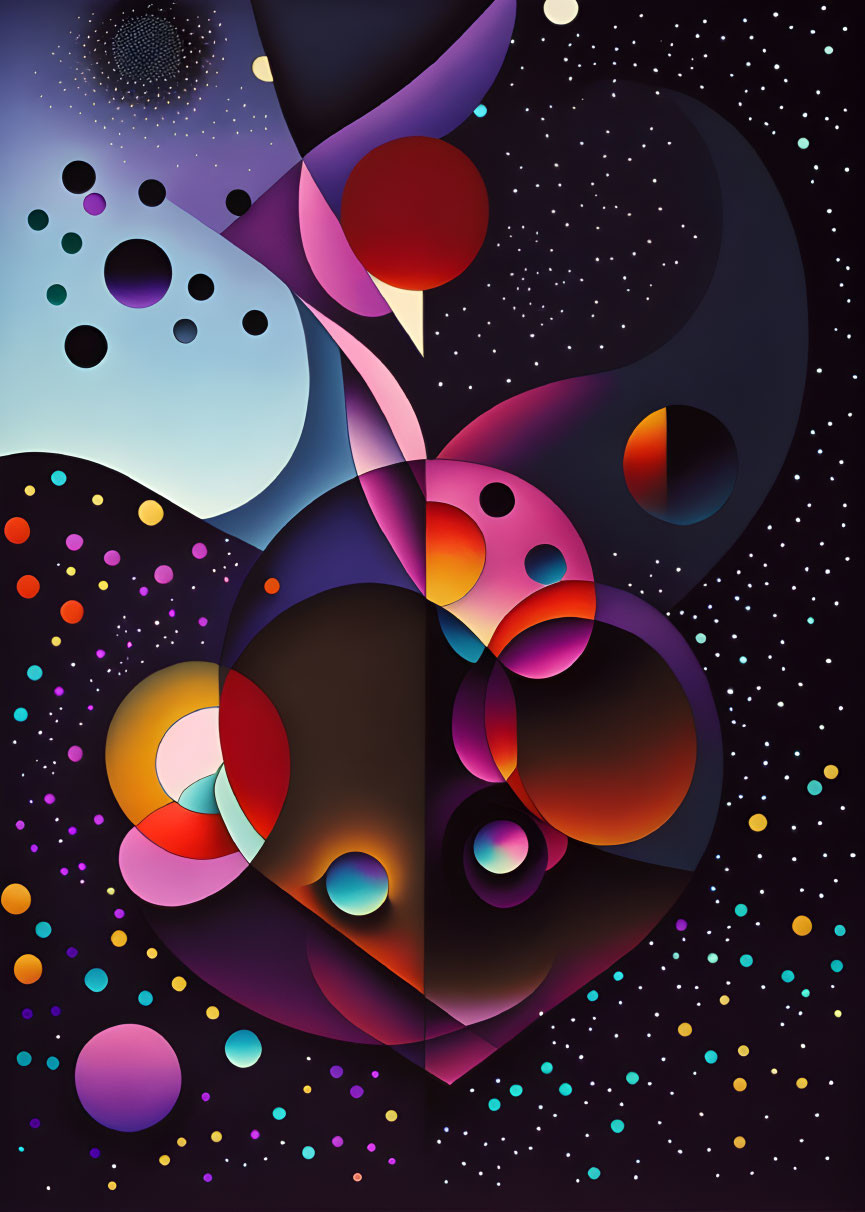 Colorful Abstract Cosmic Illustration with Planets and Stars on Dark Background