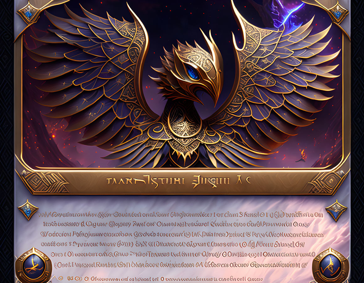 Golden Phoenix and Eye Emblem on Royal Blue Background with Intricate Gold Patterns and Cryptic Script