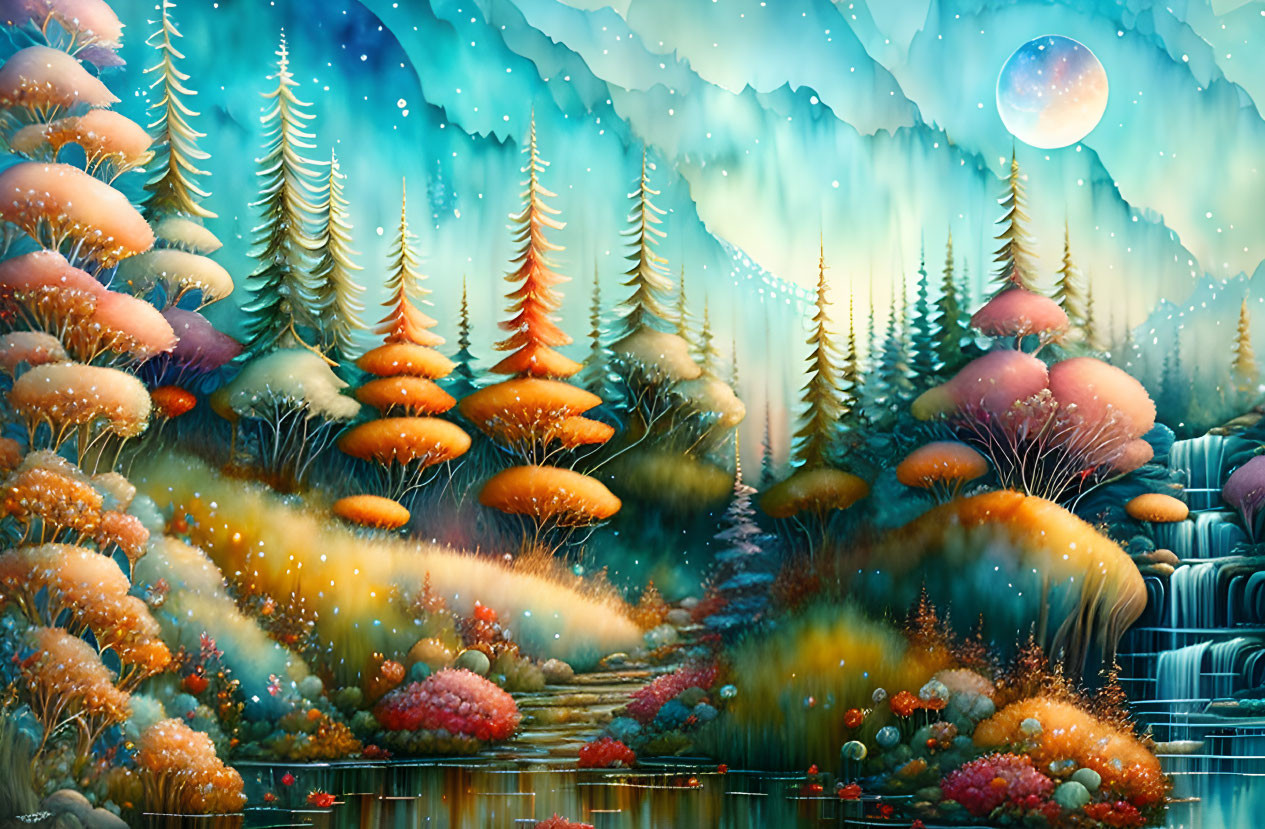 Enchanted forest with oversized mushrooms, waterfalls, reflective lake, mystical full moon