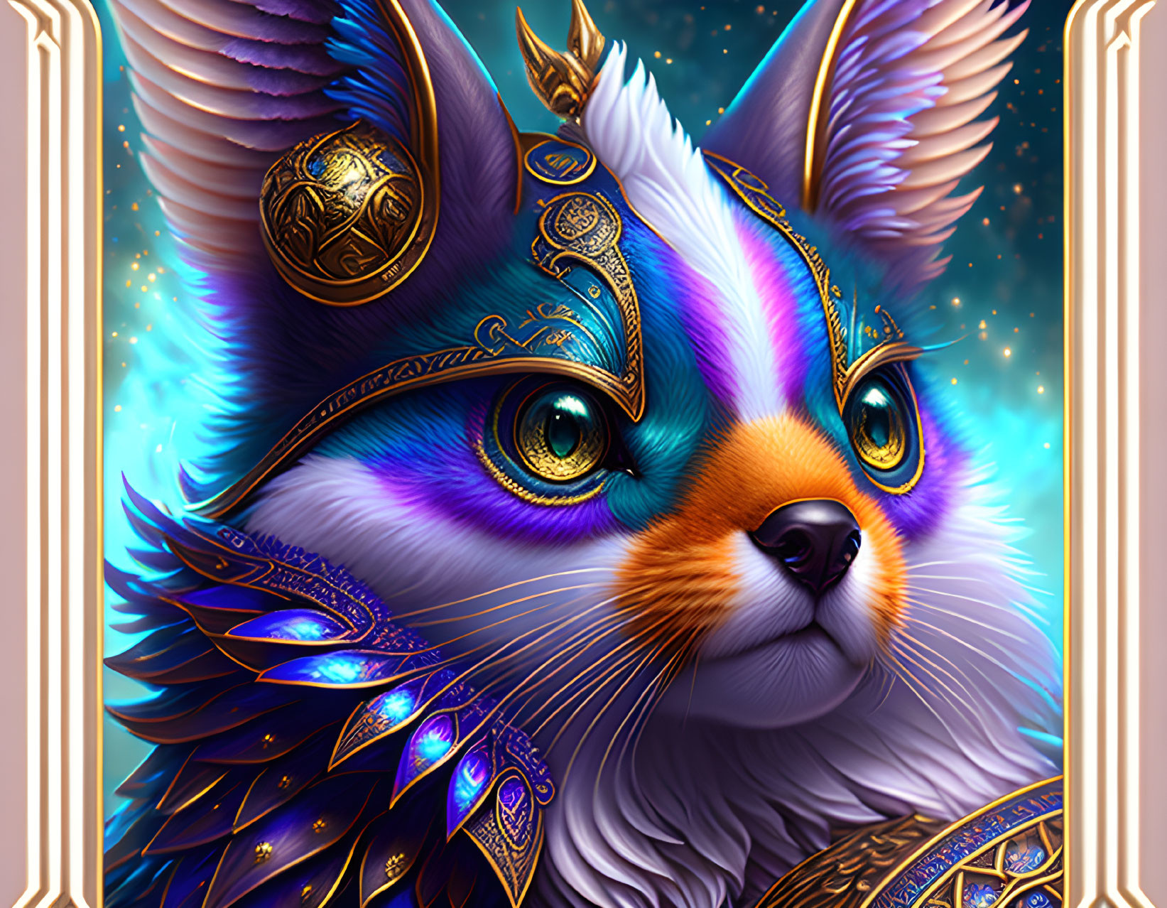 Vibrant mythical cat illustration with multicolored fur and golden armor