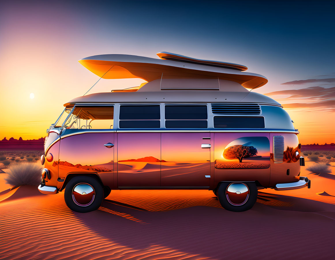 Vintage Camper Van with Surfboard in Desert Sunset Scene