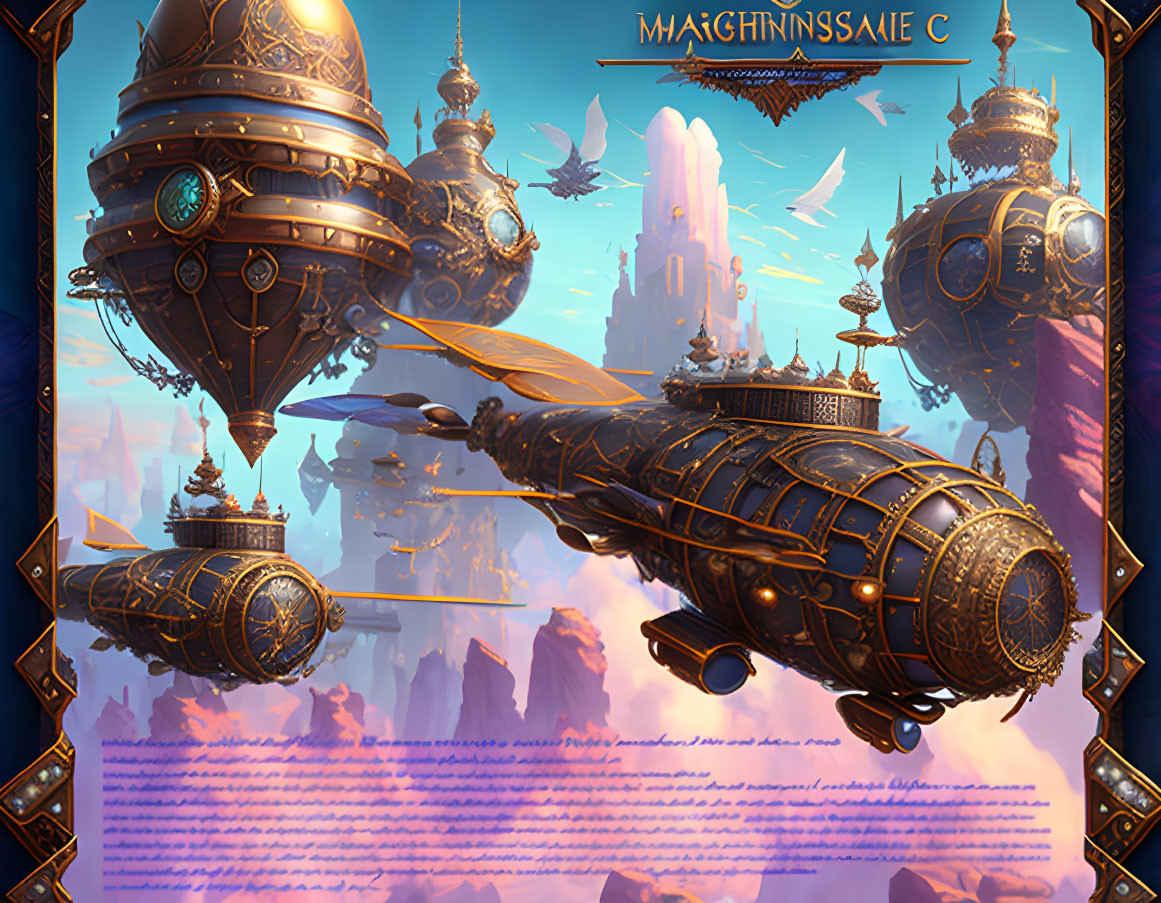 Steampunk city with ornate buildings, zeppelins, and blue sky