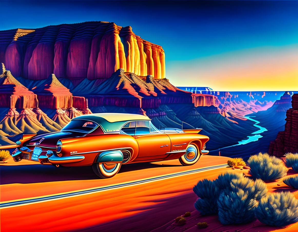 Vintage Car Desert Sunset Illustration with Colorful Sky