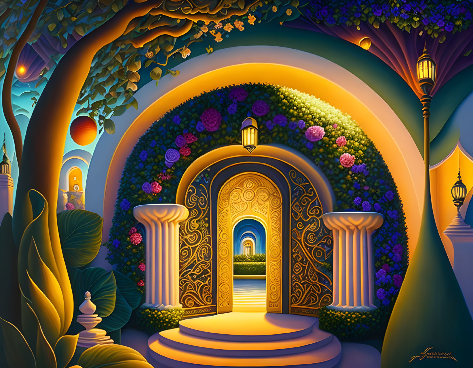 Colorful illustration: Magical doorway in lush flora under twilight sky
