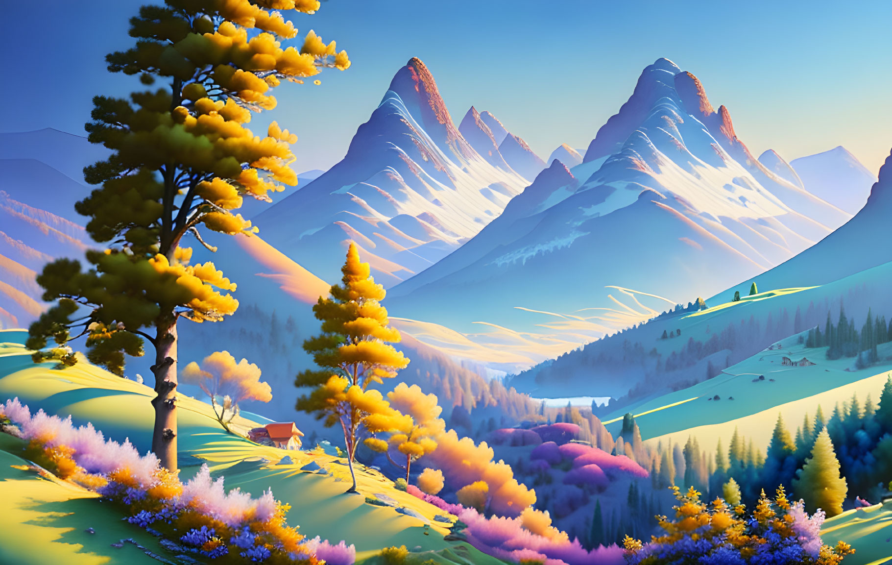 Colorful landscape with golden trees, purple flora, cabin, and snowy mountains