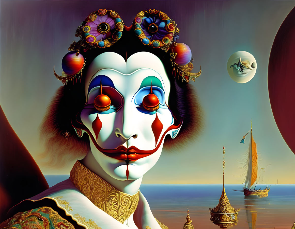 Colorful surreal portrait with geisha makeup in fantastical seascape.