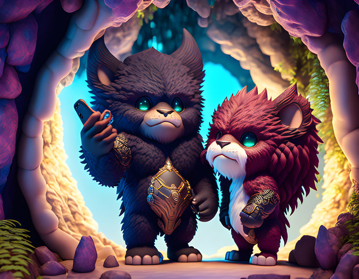 Colorful Cave Scene with Stylized Creatures in Futuristic Armor