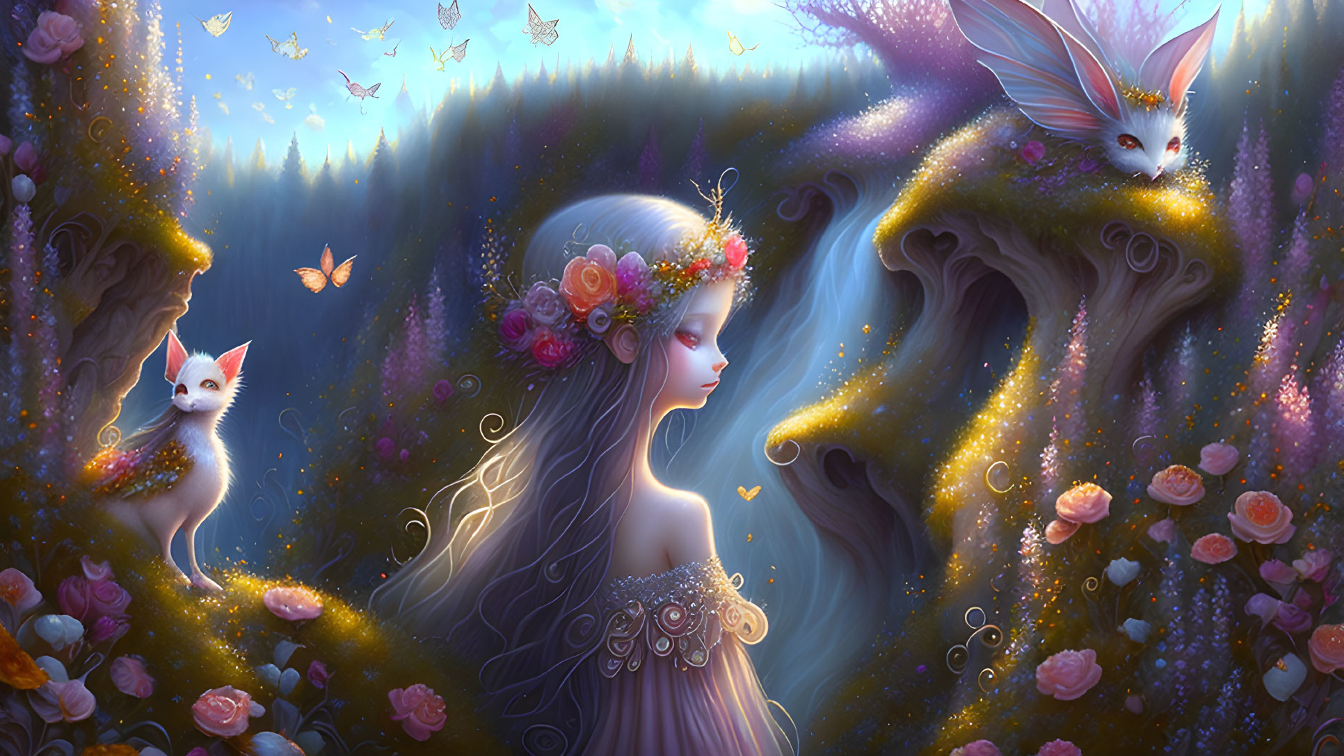 Fantasy scene: woman, glowing trees, white fox, winged creature, butterflies