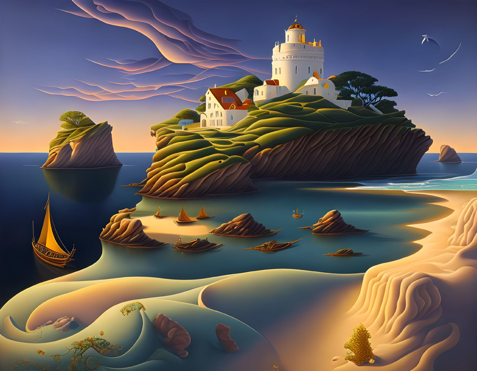 Seascape with lighthouse, sailing ships, marine life, cliffs, and dusk sky