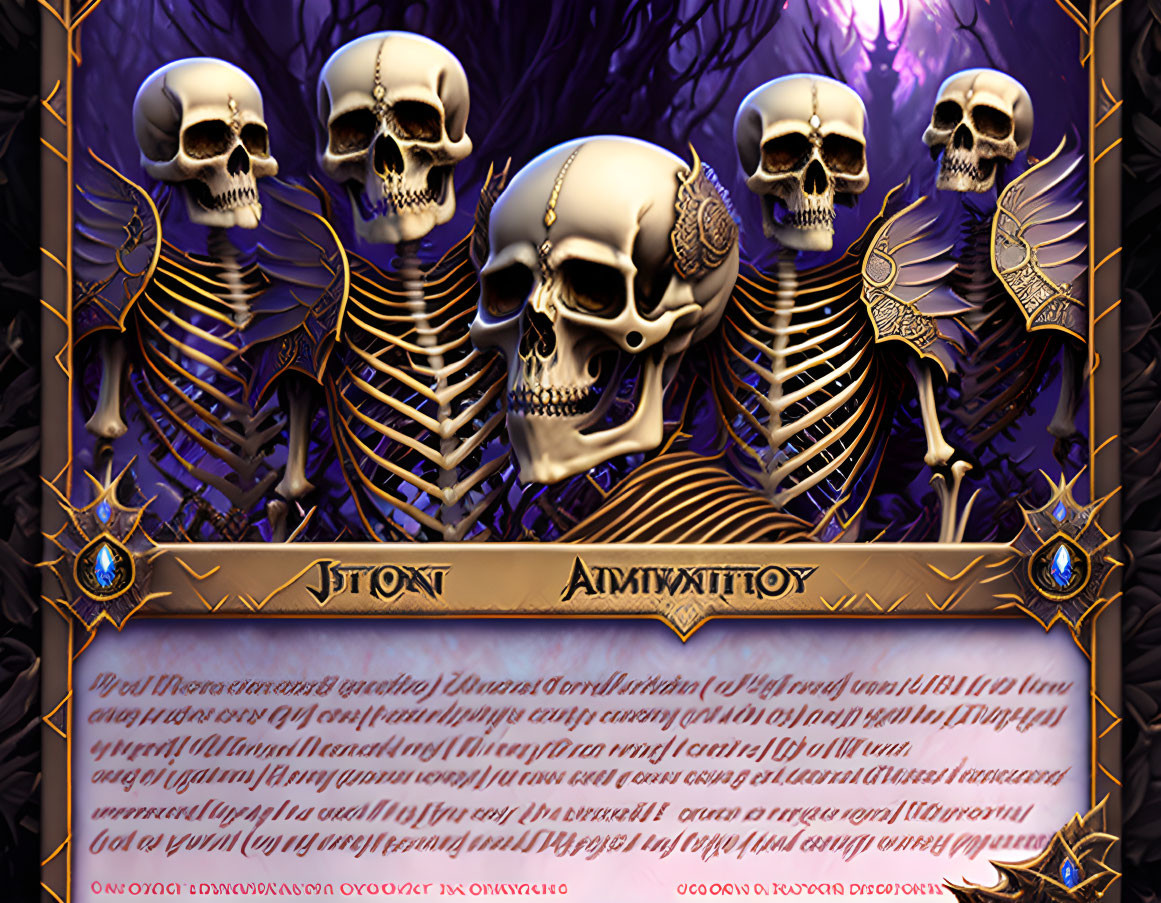 Row of human skulls on golden plaque against purple background