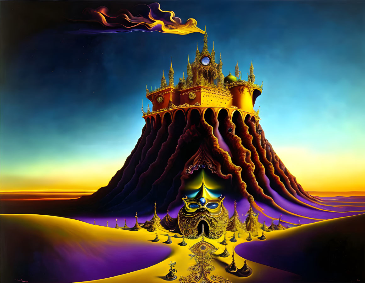 Surreal painting: grand castle on volcanic island with flowing lava