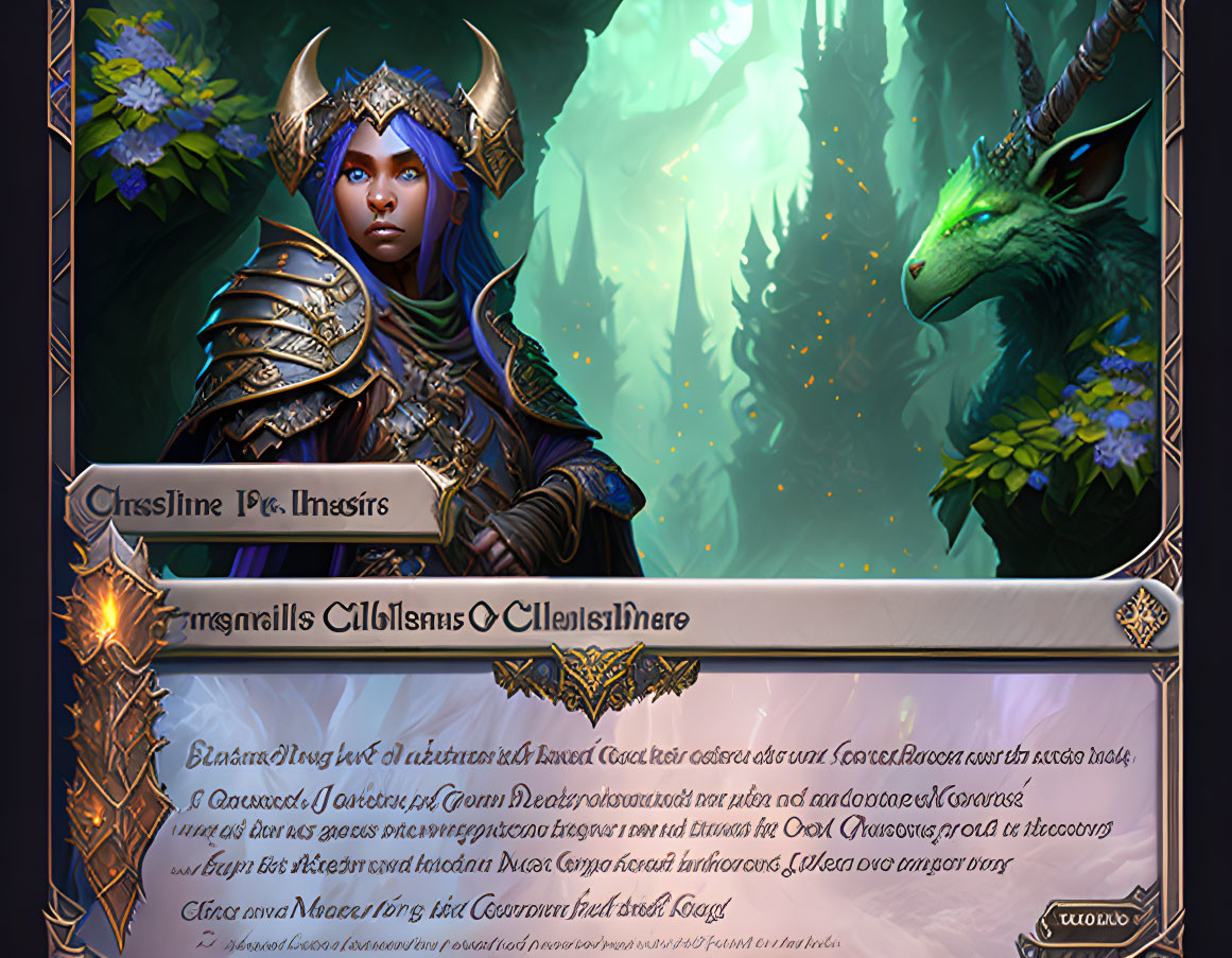 Blue-skinned female elven warrior with dragon in enchanted forest