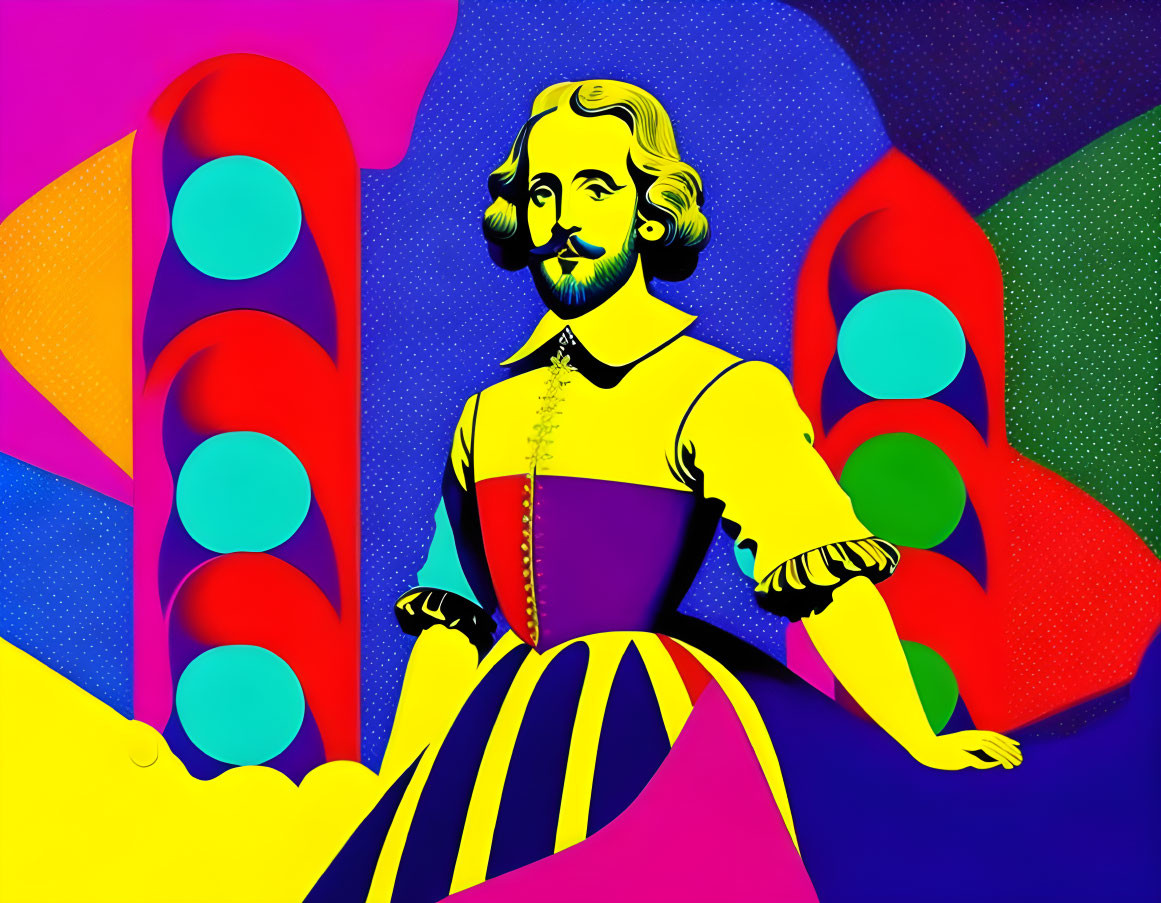 Abstract Pop Art Style Illustration of Historical Figure in Colorful Geometrical Setting