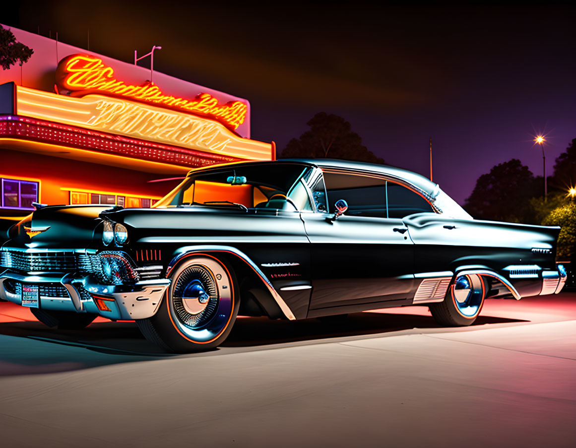 Classic Black Car with Neon Lights Reflecting at Night