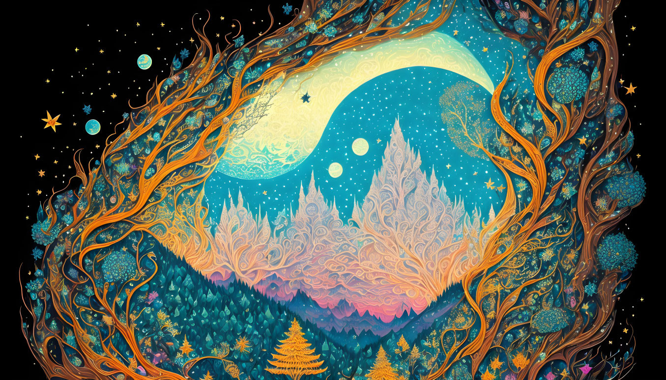 Colorful Fantasy Landscape with Moon, Swirling Trees, and Stars