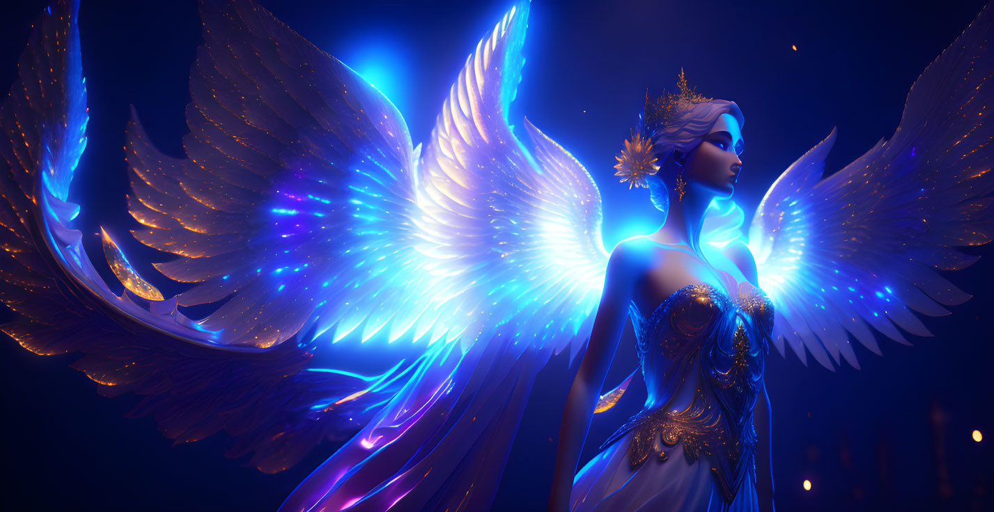 Ethereal angel with blue wings and golden attire against mystical backdrop