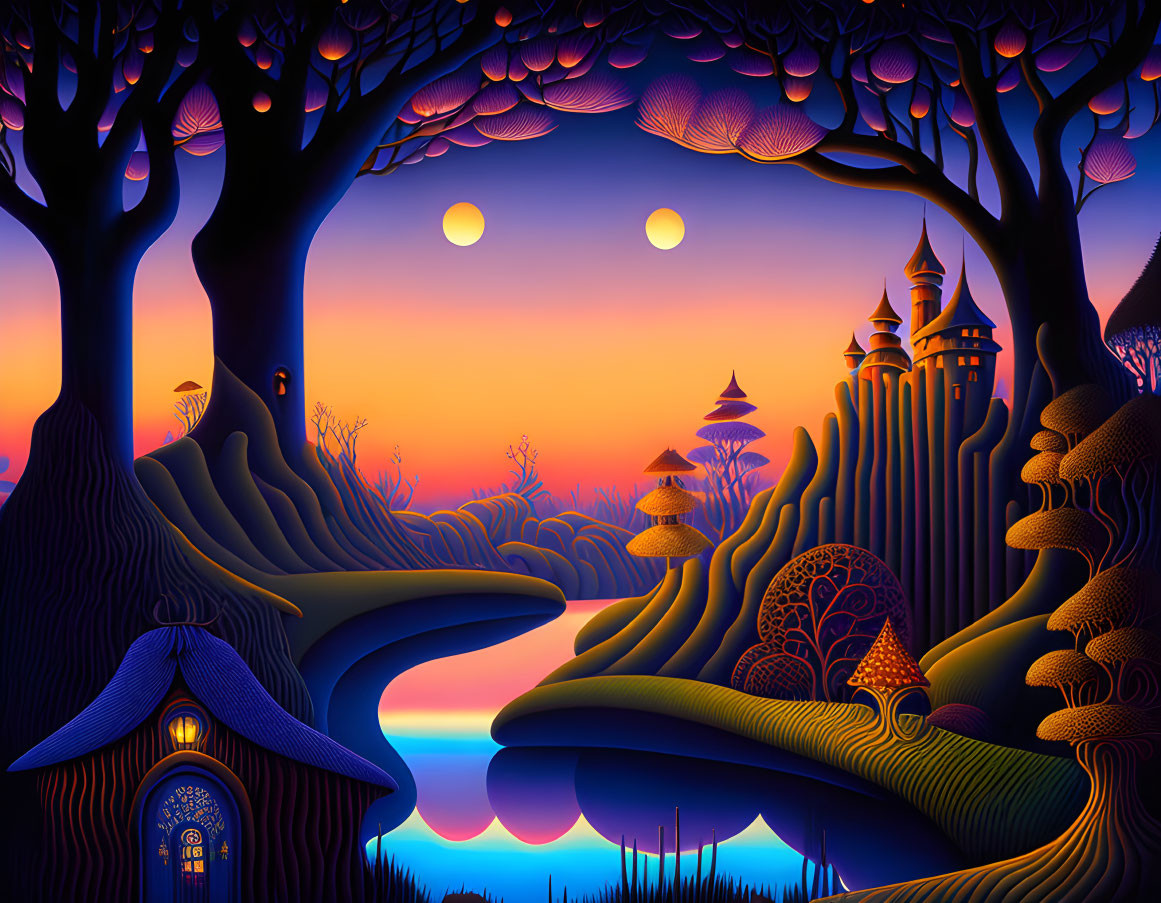 Twilight landscape with stylized trees, radiant sky, castle, and cottage.