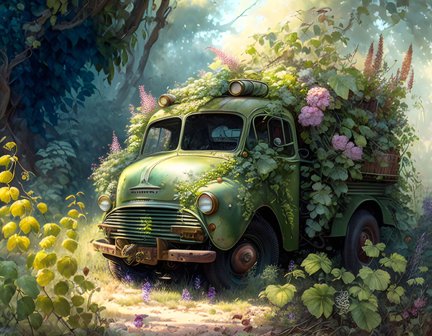 Overgrown Green Truck in Sunlit Forest Clearing