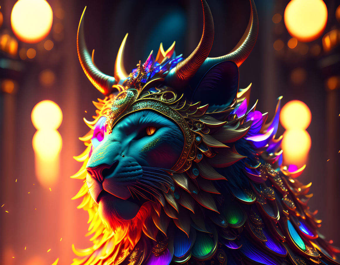 Colorful Mythical Lion Digital Artwork with Golden Headgear and Feather-like Mane