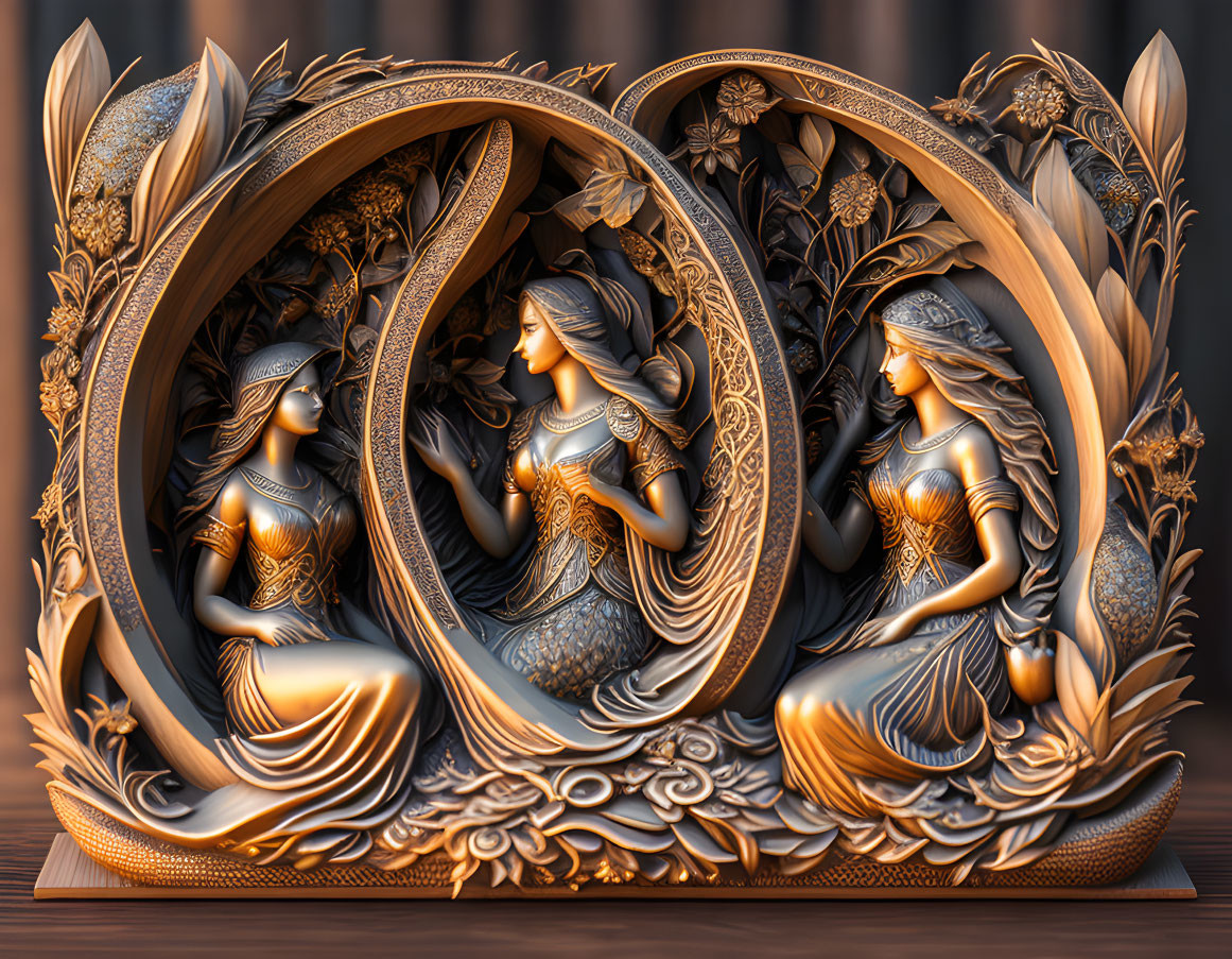 Intricate Triptych-Style Wall Relief of Stylized Women with Foliage Designs