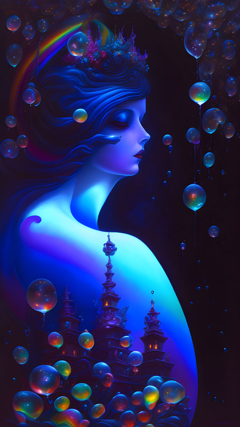 Surreal illustration of blue-skinned woman with glowing oriental buildings in hair surrounded by luminous