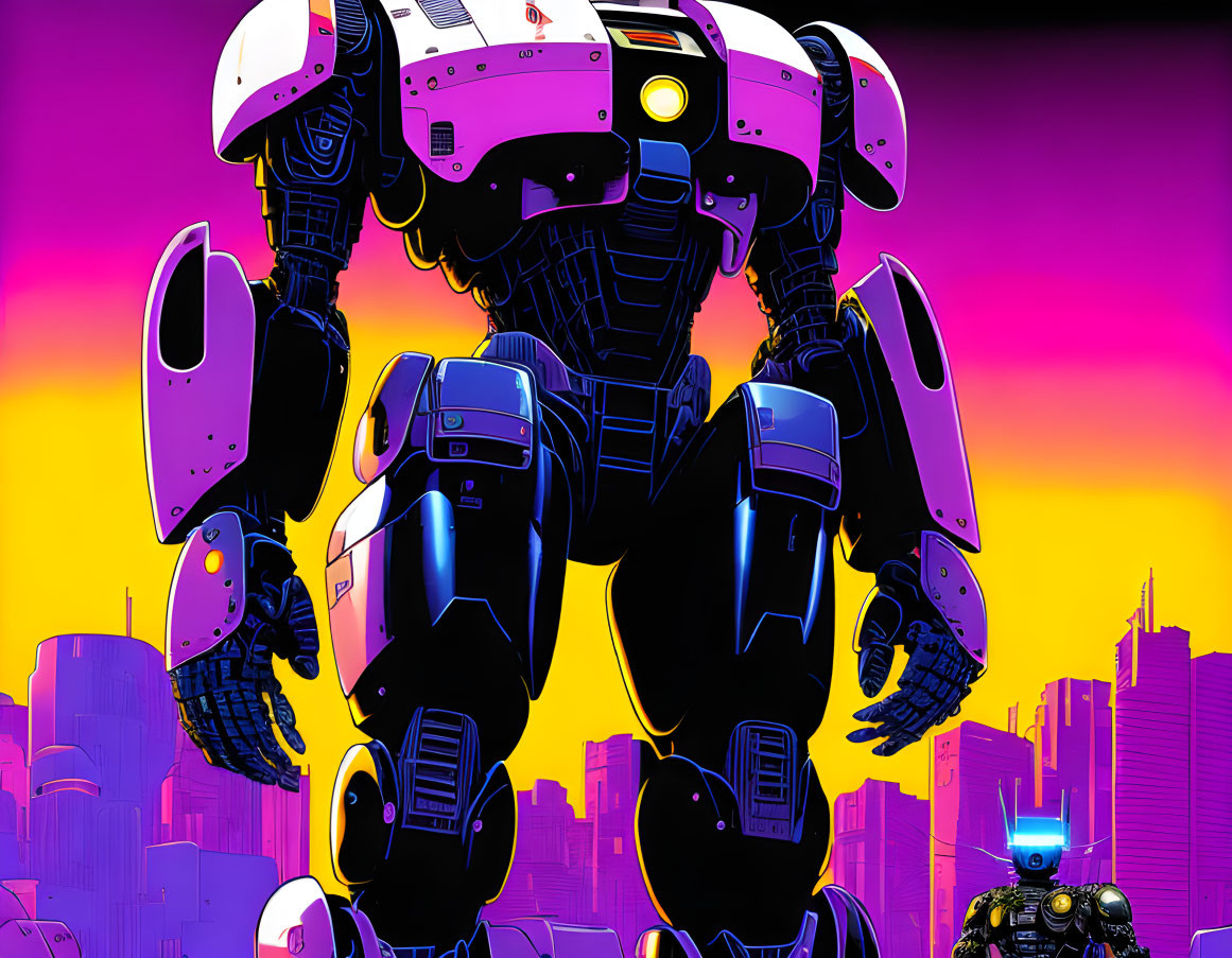 Detailed Armor Plated Robots in Sunset Cityscape