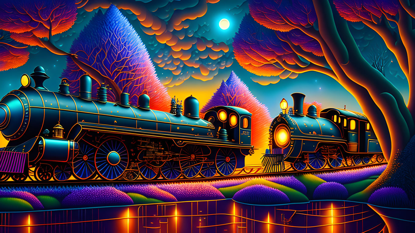 Vintage Trains on Neon Landscape with Starry Night Sky