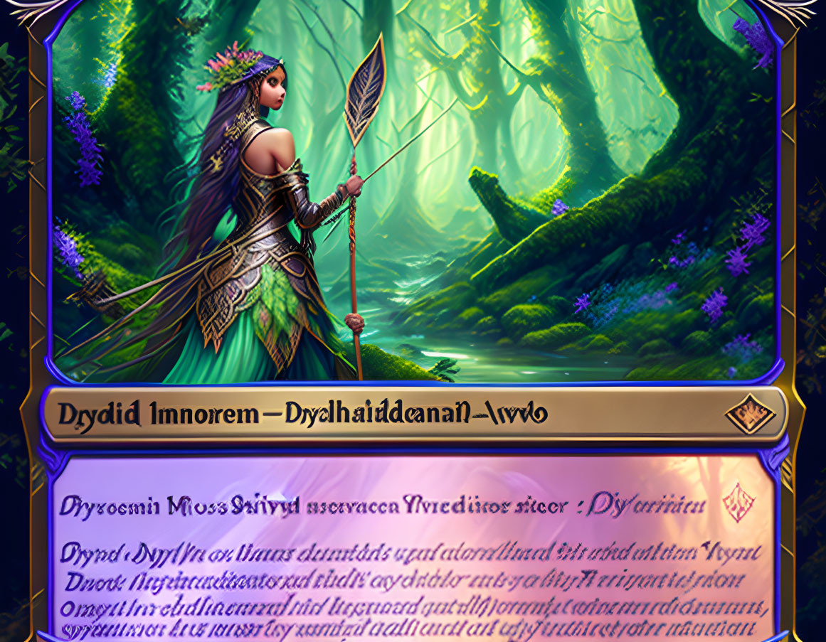 Fantasy illustration of female dryad in green armor with spear in enchanted forest