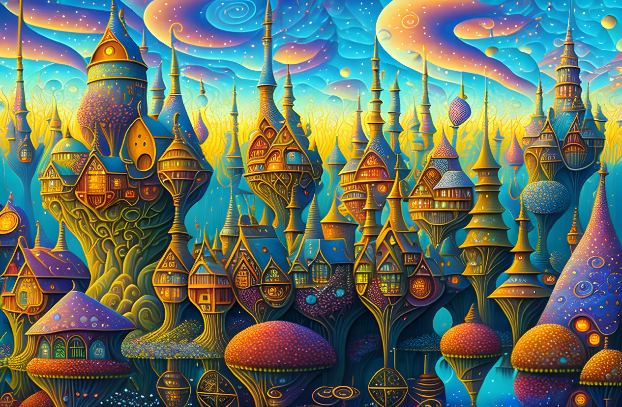 Fantastical landscape with colorful castles under starry sky