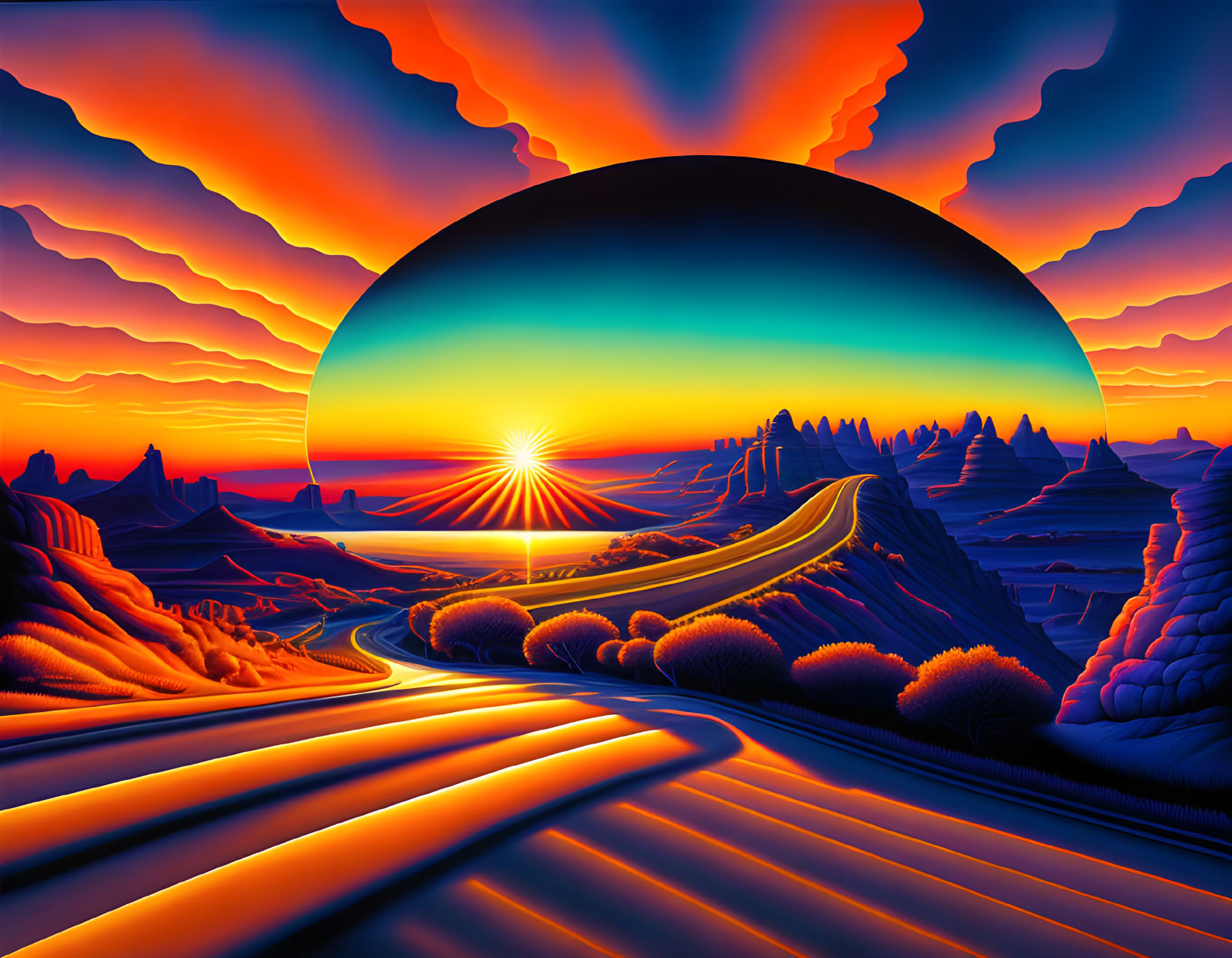 Vibrant sunset landscape with undulating hills and winding road