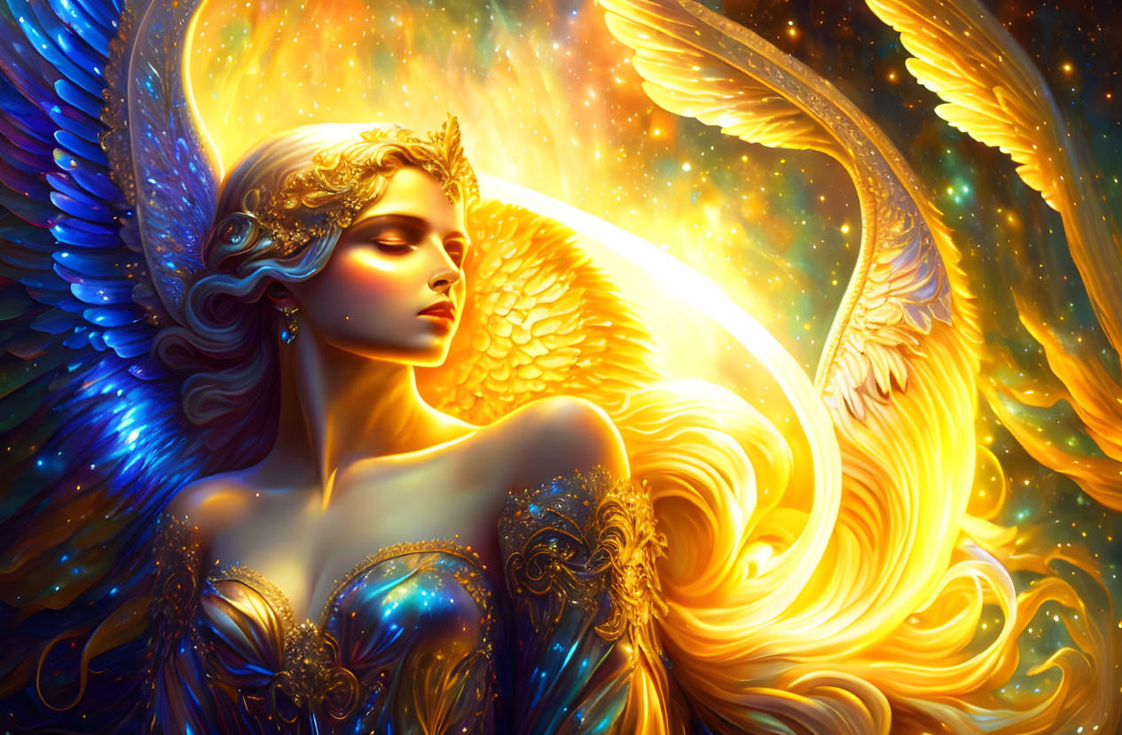 Radiant angelic figure with golden wings and blue attire in celestial setting