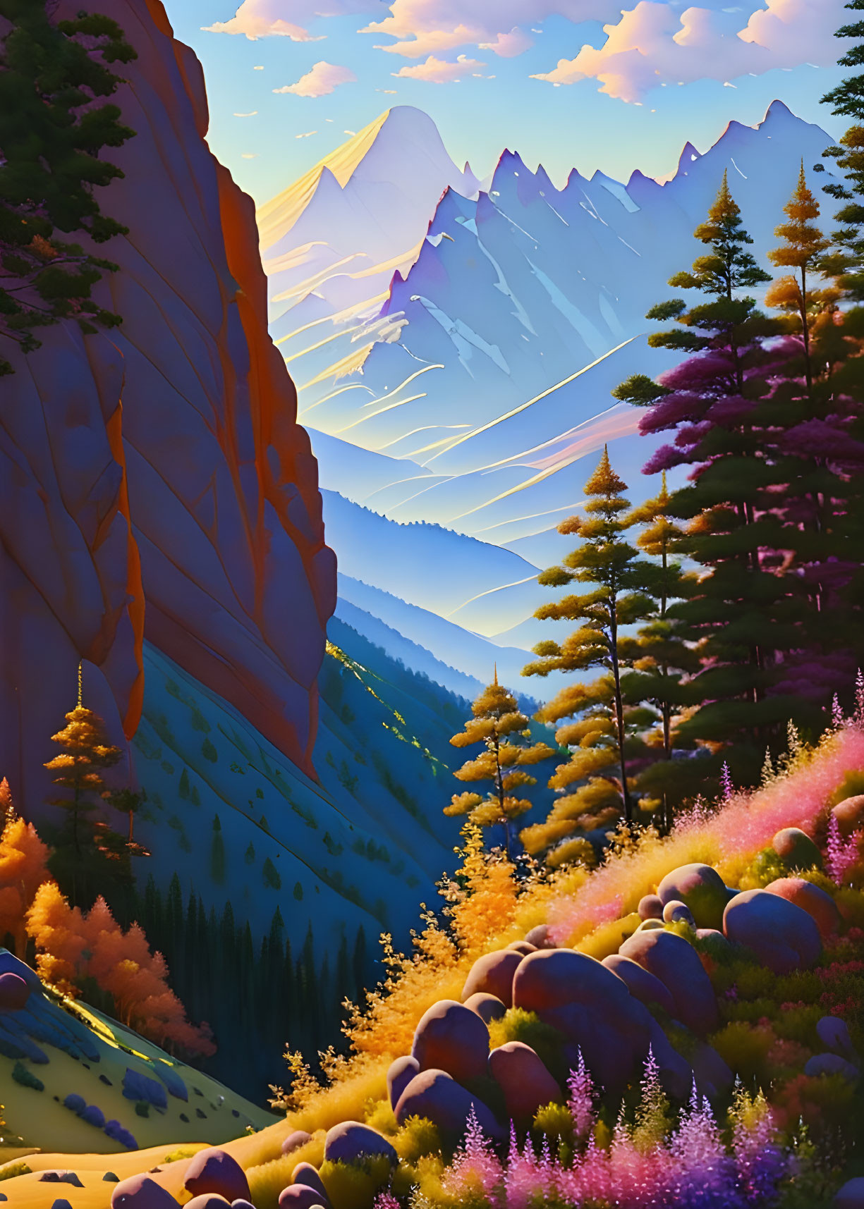 Colorful mountain valley sunset with flowers, trees, and rock formations