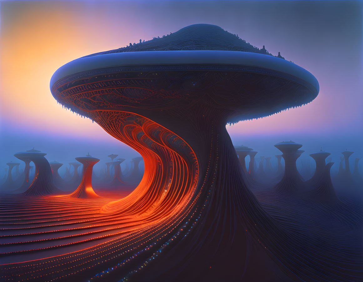 Fantastical landscape with mushroom-shaped structures at twilight