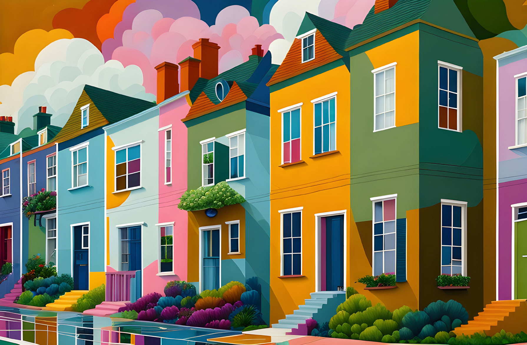 Colorful row of stylized houses with greenery under pastel sky on glossy surface