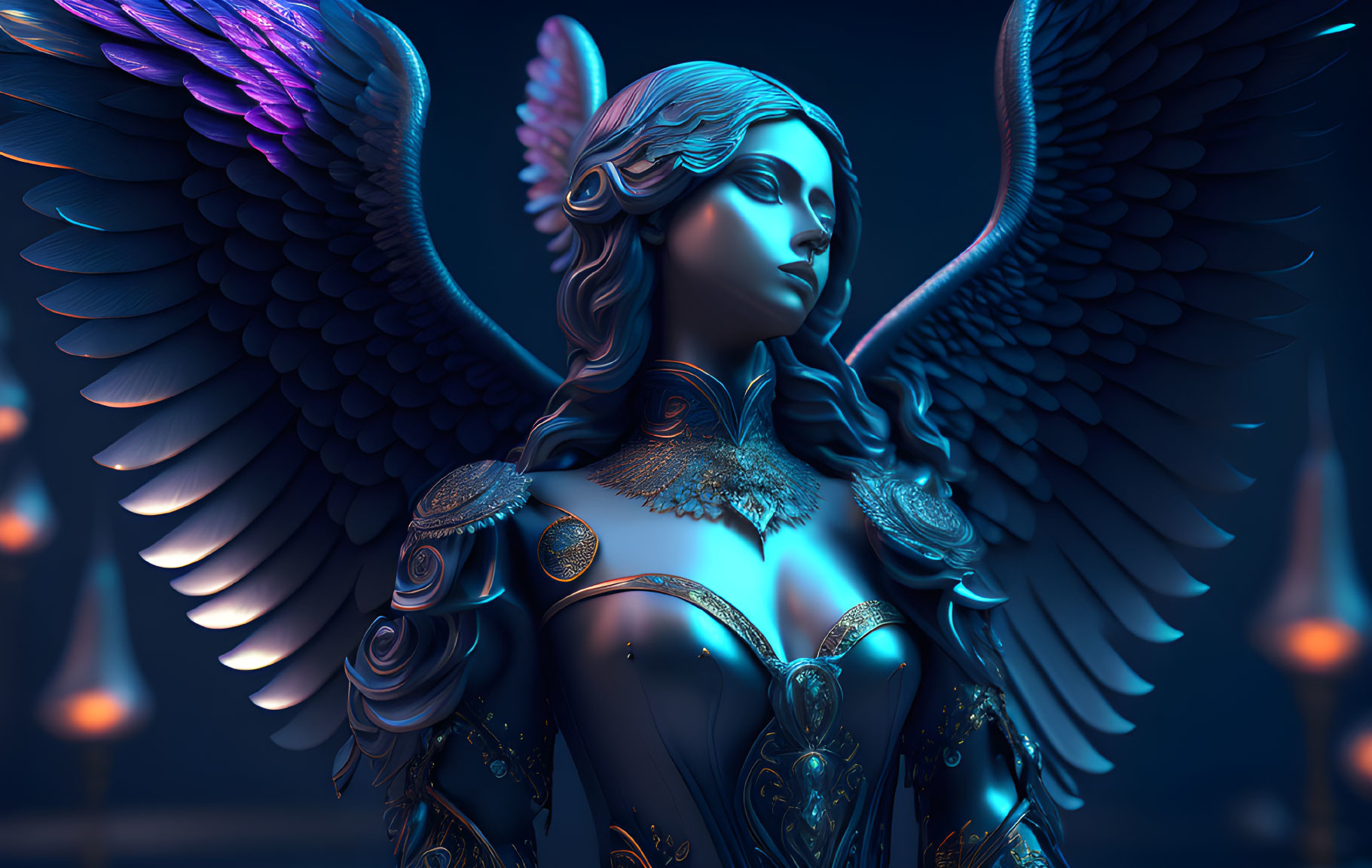 Digital artwork: Female figure with stylized wings, intricate armor, and ethereal glow on dark,