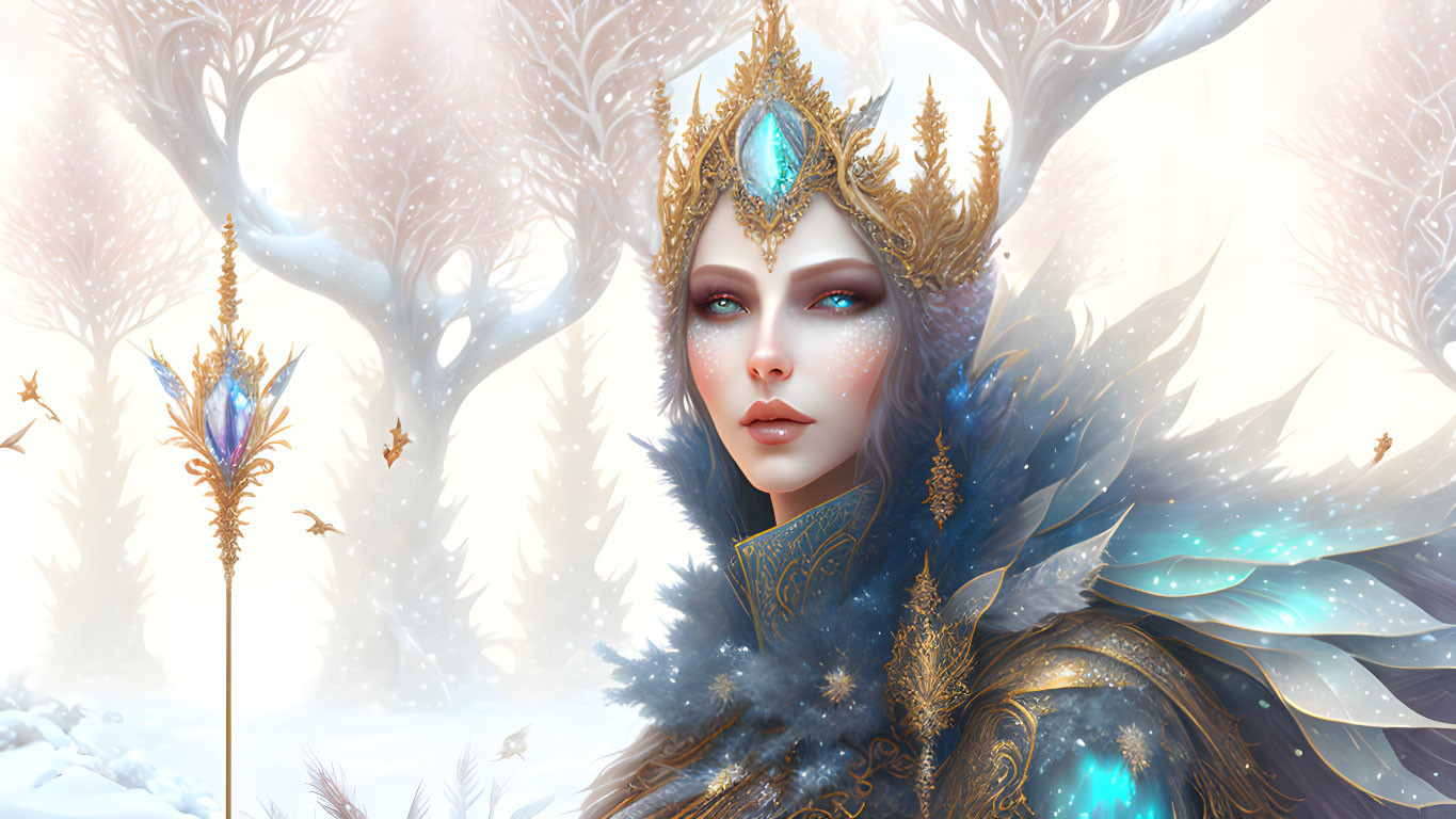 Winter Queen Illustration in Snowy Forest with Crown and Feathered Cloak