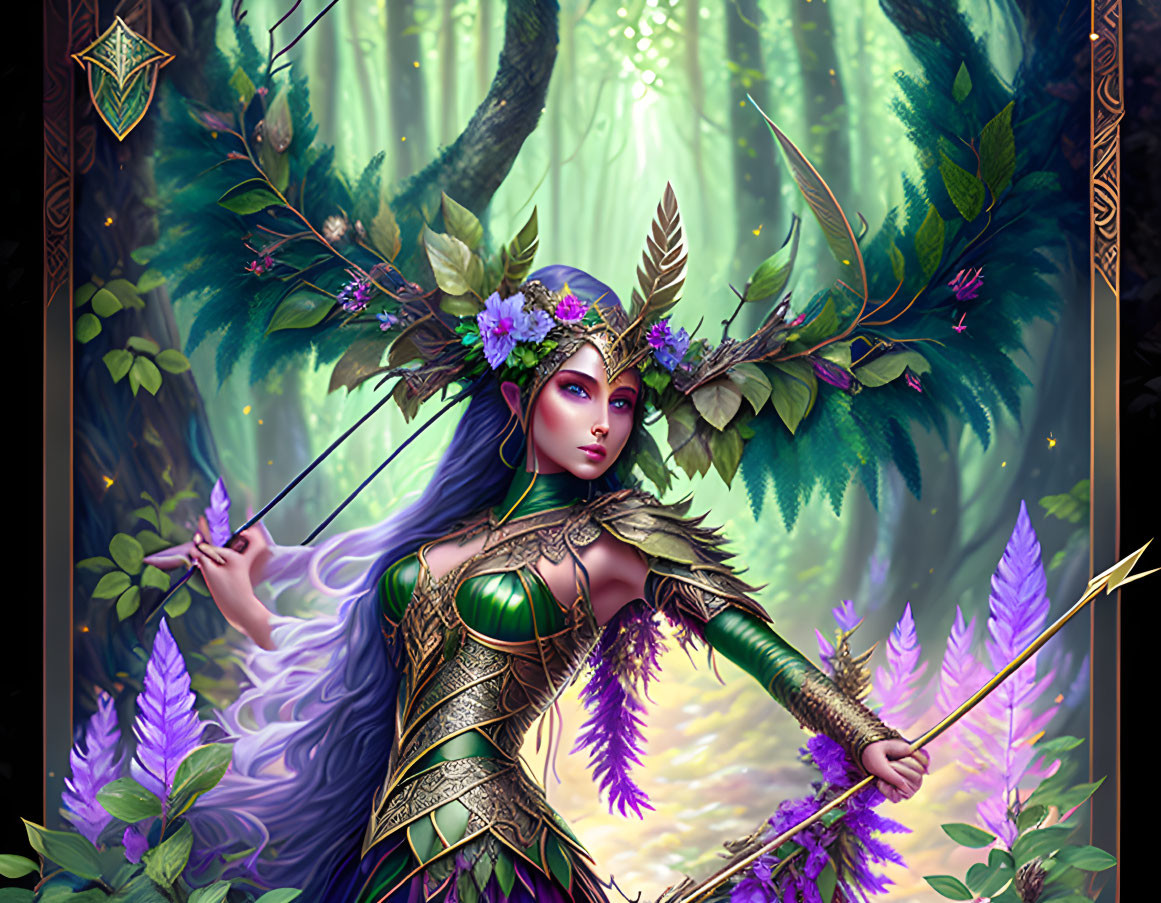 Female Elf Archer Fantasy Illustration in Verdant Forest with Floral Headdress and Green Armor