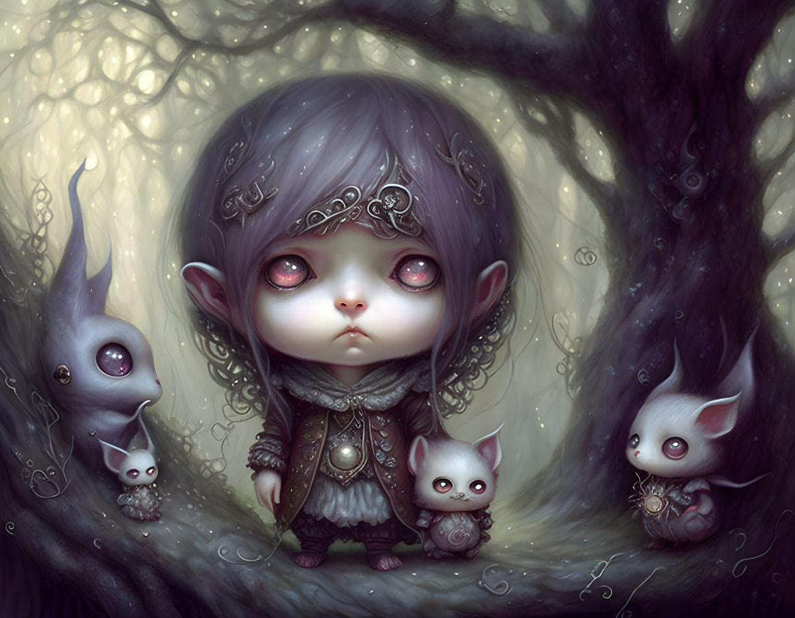 Illustration of somber child with purple hair and mythical creatures in dark forest