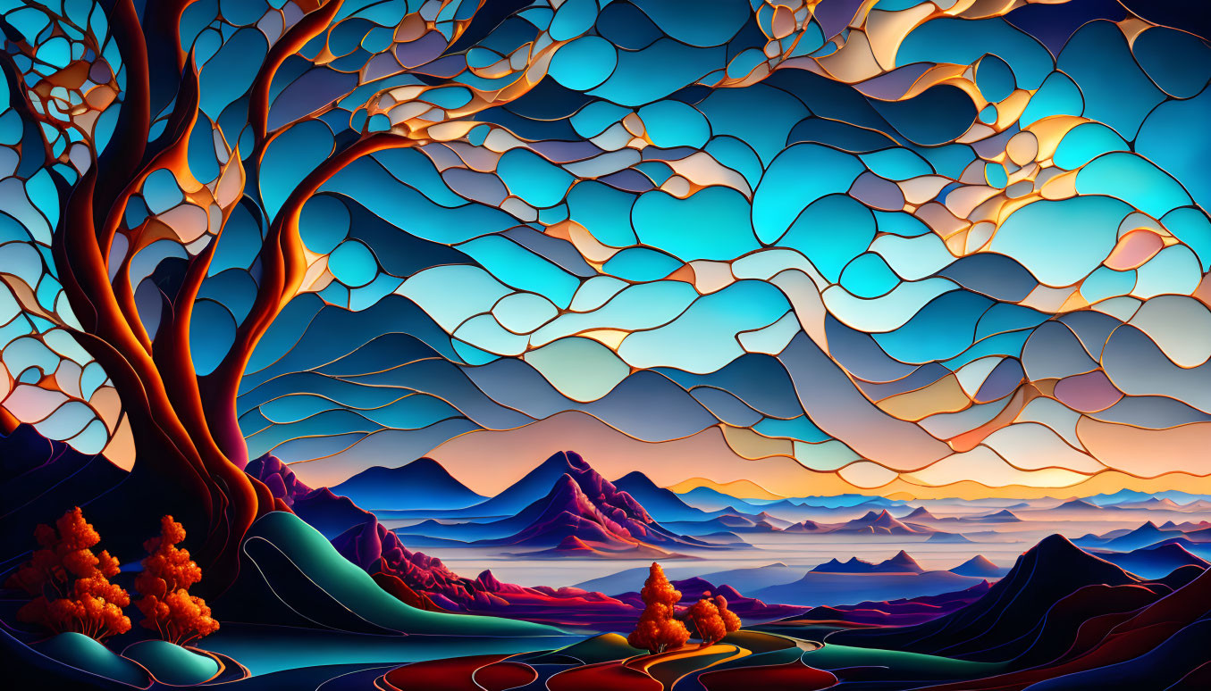 Colorful digital art landscape with stylized tree, hills, mountains, and water at sunset