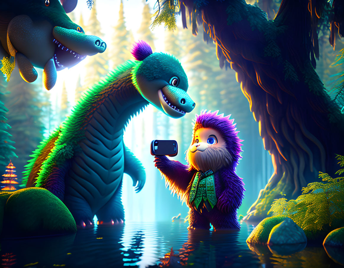 Vibrant humanoid and dinosaur selfie in enchanted forest