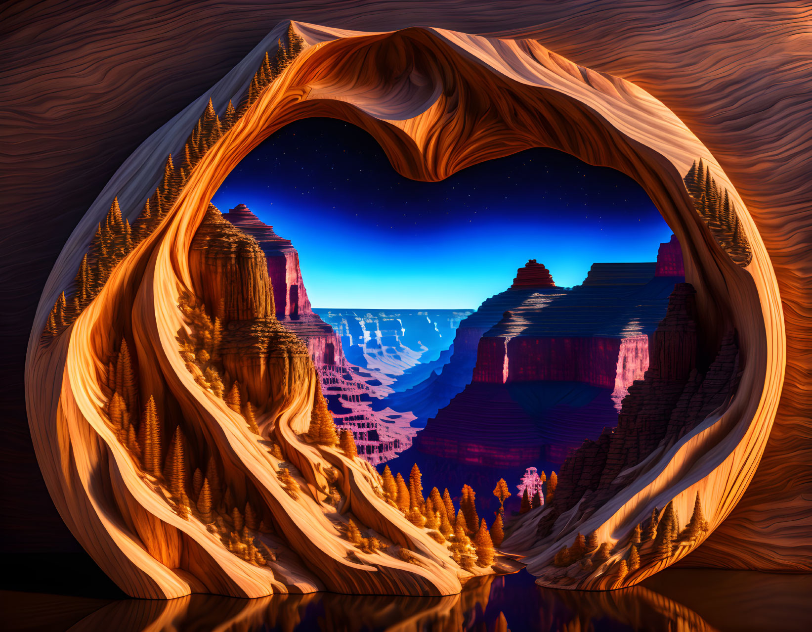 Surreal heart-shaped rock formation under starry sky in canyon