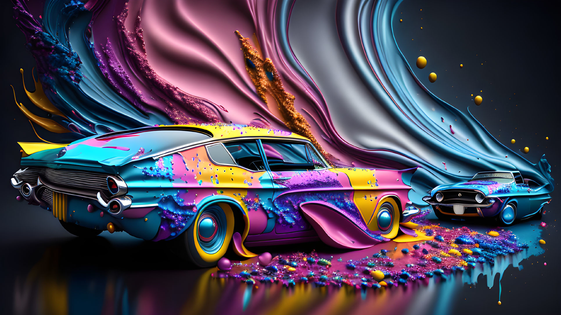 Vintage Cars with Colorful Paint Splatter Effects on Swirling Liquid Metal Background