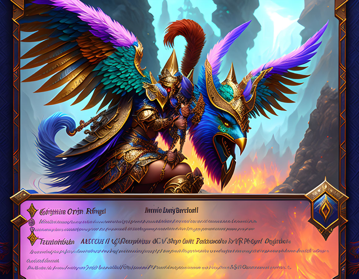 Majestic armor-clad bird creature in vibrant fantasy setting