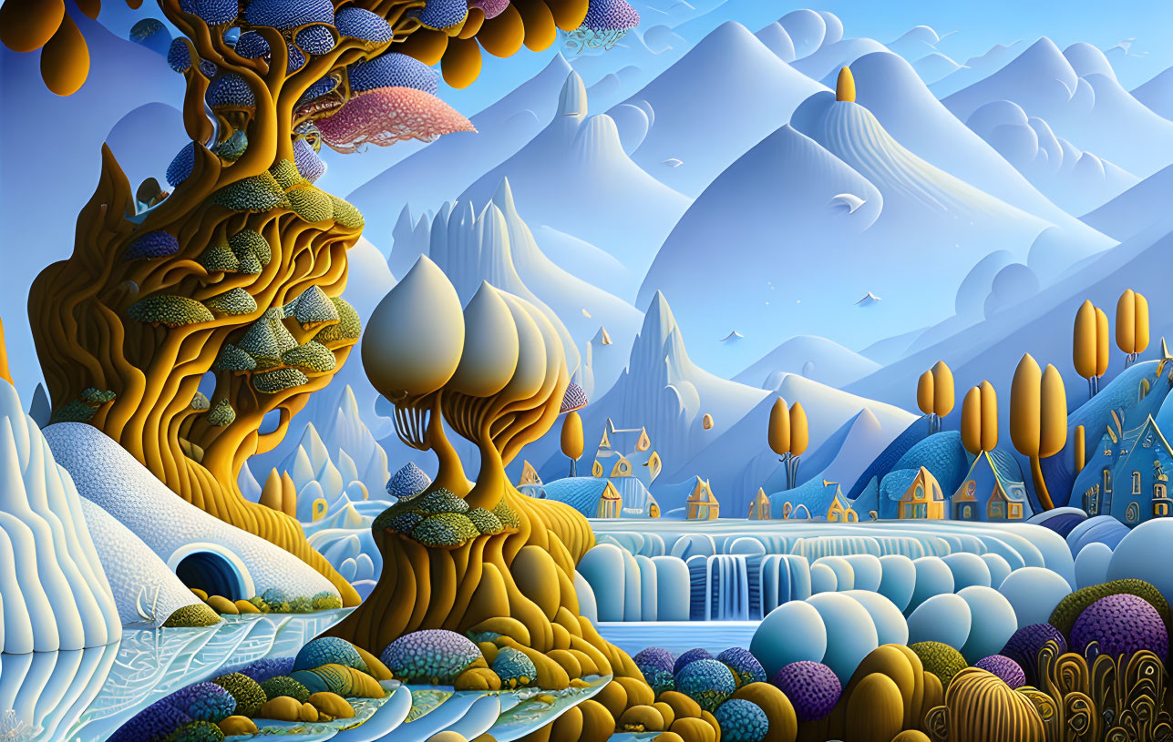 Stylized landscape with whimsical tree and geometric mountains in blue tones