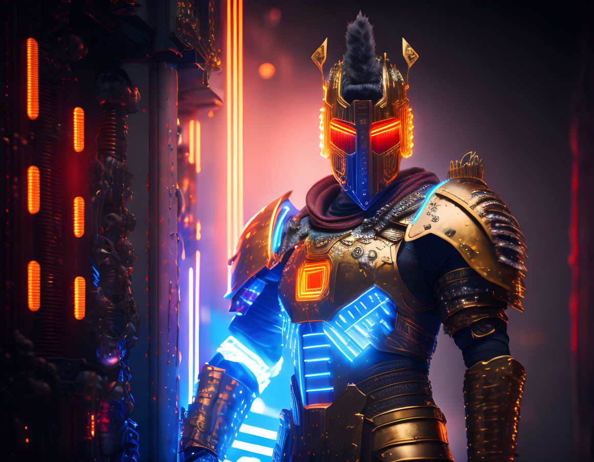 Futuristic knight in blue and orange armor next to glowing computer servers