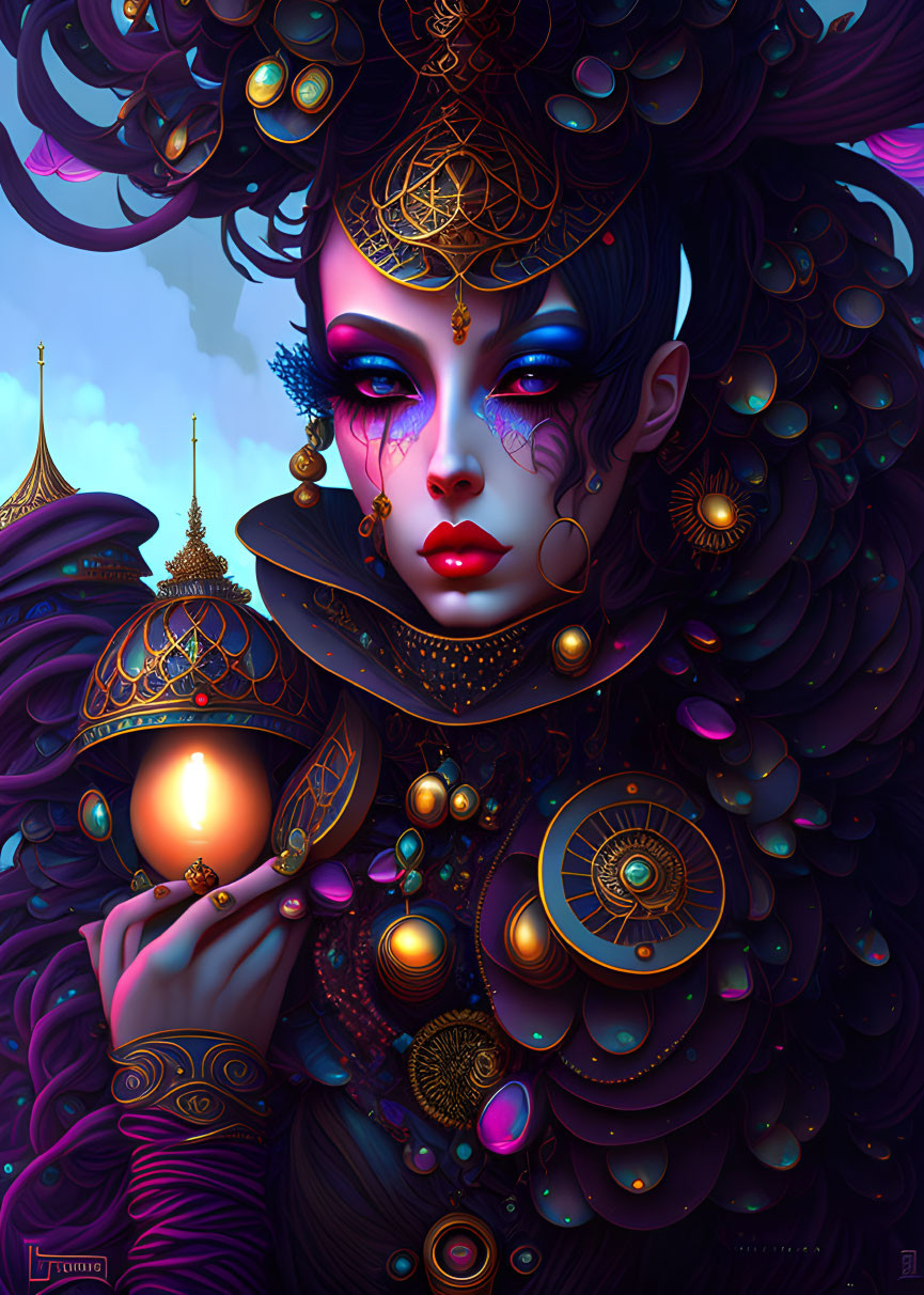 Elaborate gold and violet headgear on woman with glowing orb